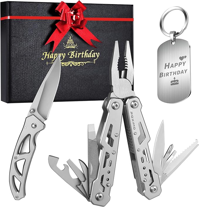 Multitools Set “HAPPY BIRTHDAY”, Gift for Birthday 14-in-1 Multi-tool Pliers, Pocket Knife & Keychain Tag, 3-Piece EDC Kit for Camping, Hiking - Premium Gift Box for Men Women