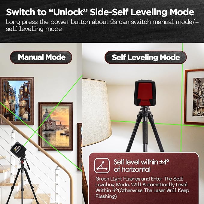 Laser Level Self-Leveling Green Cross Line,Lazer Level for Picture Hanging,Magnetic Base,100ft,4 Brightness Adjustment, IP54 Waterproof, DIY, Construction, Battery & Carrying Bag Included