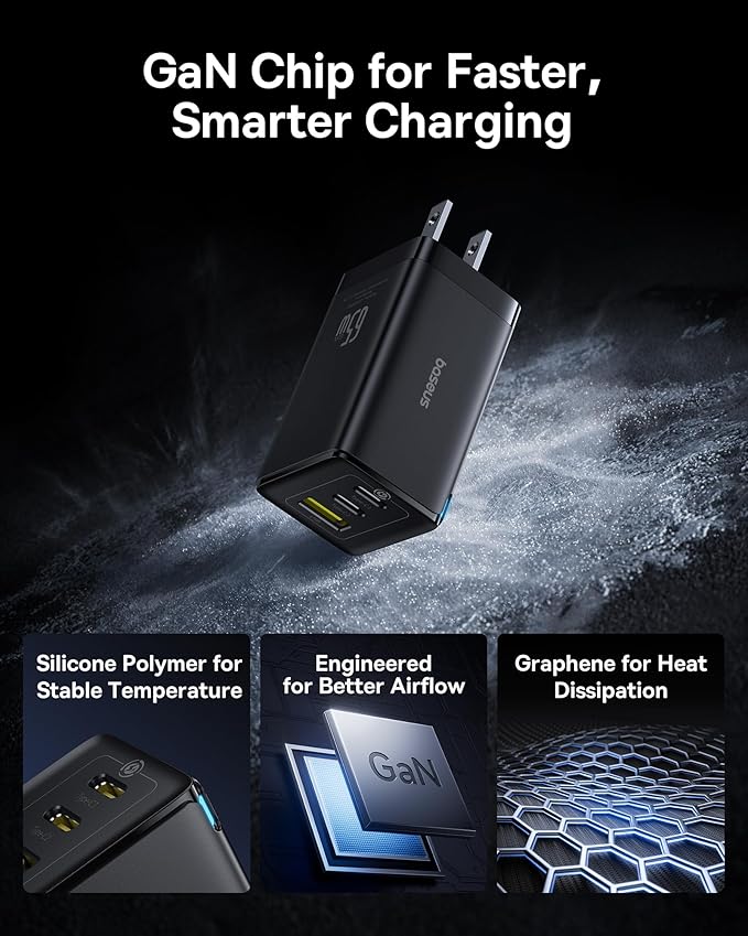 Baseus 2 Pack 65W USB C Charger Block, PPS 3-Port Fast Compact Foldable USB C Charger for MacBook, iPad Pro, Galaxy S24, iPhone 16/15 and More Series