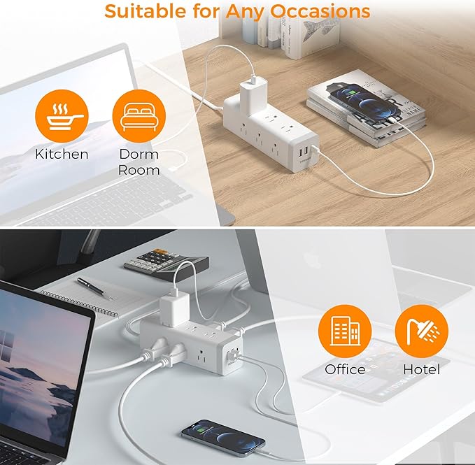 Surge Protector Power Strip with USB, TESSAN Ultra Thin Flat Plug 6 FT Extension Cord with 9 Outlets 3 USB(1 USB C), 1050 J Surge Protector Charging Station for Indoor,Office, Dorm Room Essentials