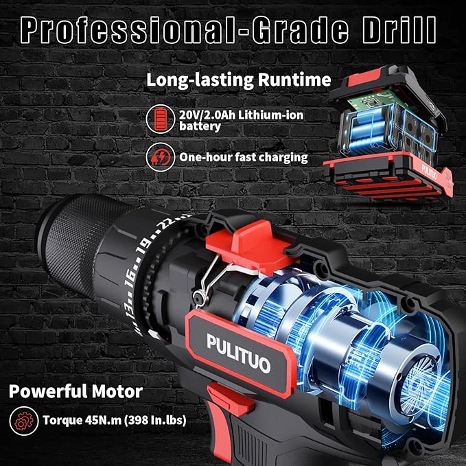 PULITUO Cordless Drill Set, 20V/2.0Ah Electric Power Drill, Torque 45N.m, 25+1 Torque Setting,1/2” Keyless Chuck, 2 Variable Speed Setting, with 43 PCS Bits, Storage Bag