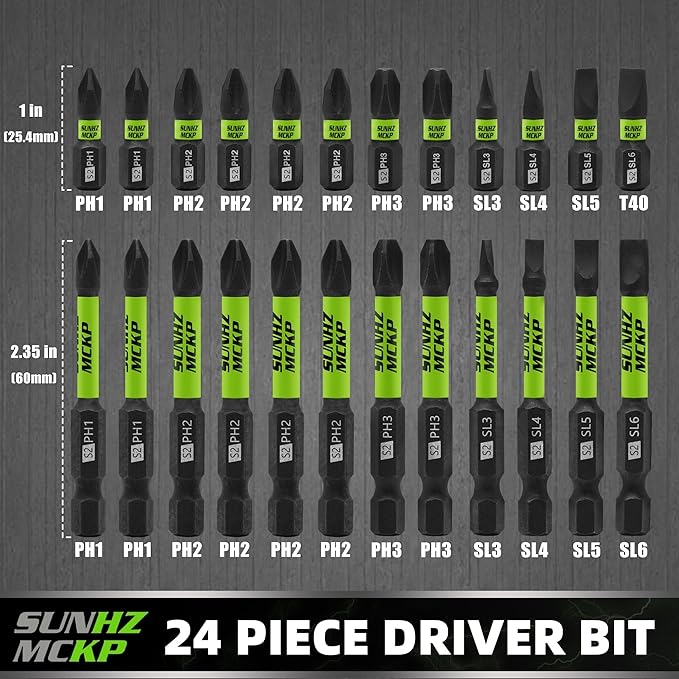 SUNHZMCKP 24-Piece Screwdriver Bit Set, Magnetic Slotted Phillips Driver Bit Set, S2 Steel, Long 1" and 2.3" Impact Screwdriving Drill Bits Set, 1/4 Inch Hex Shank Driver Bit