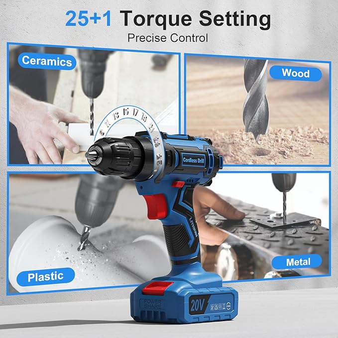 Cordless Drill, 20V Power Drill, Double 2000mAh Power Pack Electric Drills, Cordless Drills with Power Pack and Charger, 3/8" Keyless Chuck Screwdriver with 25+1 Max 370 In-lb Torque, 42Pcs Bits
