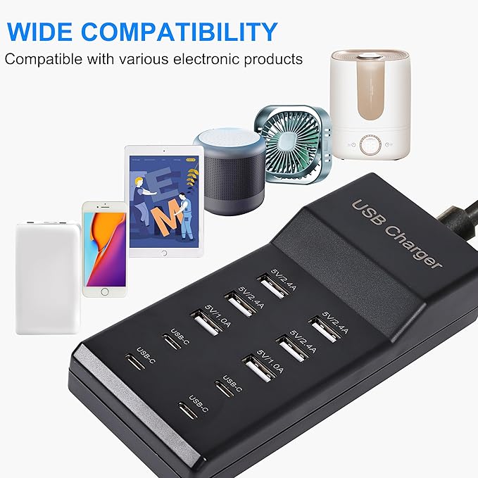 USB Charger, Charging Station with 10-Port for Phones, Watch,Tablets, Smartphones (Black, 6 USB-A & 4 USB-C)