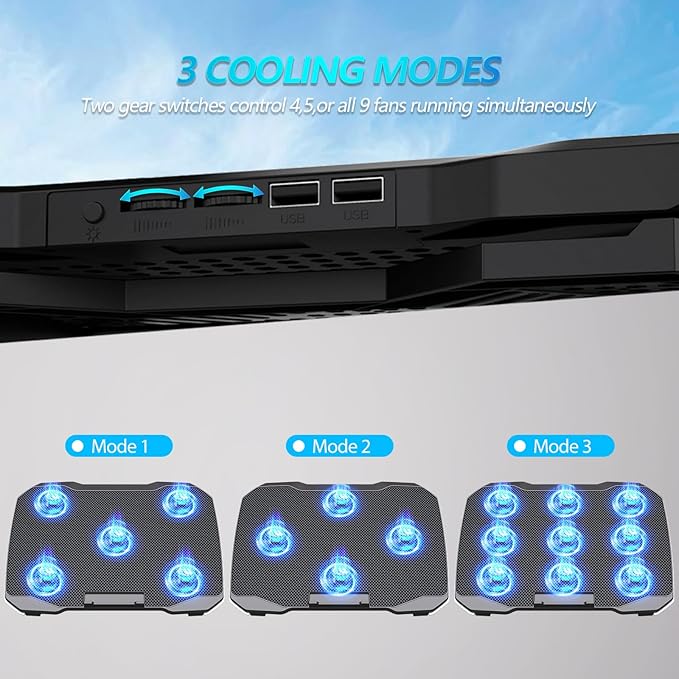 Laptop Cooling Pad, Gaming Laptop Cooler with 9 Quiet Fans, Laptop Cooling Stand for 12-17 Inch, Laptop Computer Fan with 5 Height Adjustable,2 USB Ports,1 Phone Stand