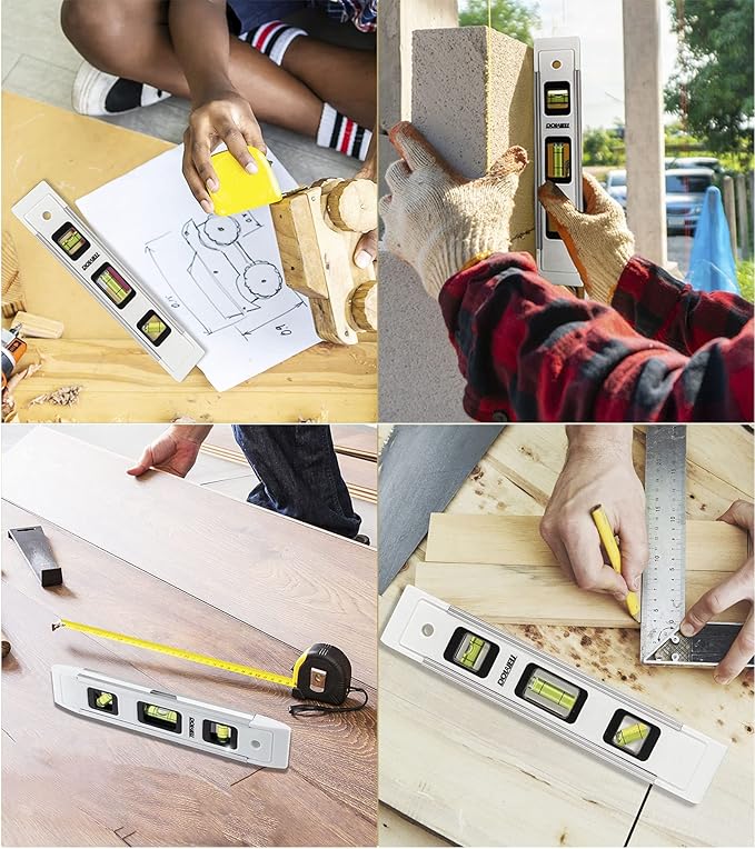 DOWELL Magnetic Torpedo Level Mini Bubble Level Box Spirit Level Alloy Frame 180/90/45 Degree 9-Inch (2, White)