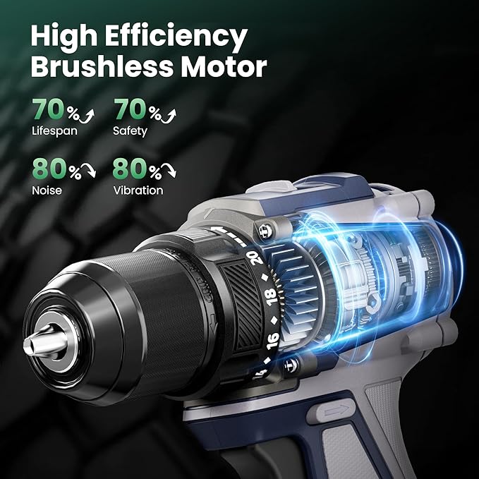 20V Cordless Drill, 620 in-lbs Torque, 3/8" Metal Keyless Chuck with Safety Lock, Brushless Power Drill with 2.0Ah Battery and Charger, 2+1 Variable Speed, 20+1 Position Electric Drill Driver with LED