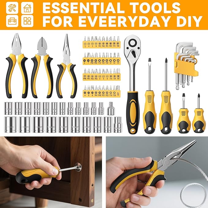 Home Tool Kit 199 Piece Basic Household Auto Repair Tool Set Car Toolbox General Hand Tool Kit for Home Men Women DIY with Plastic Toolbox Storage Case Pliers Wrench Combination