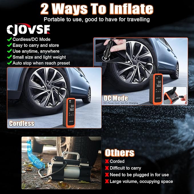 Portable Cordless Tire Inflator, 160PSI Air Pump with Battery & Car Plug, Fast Inflate with LED Light for Car Bike Motorcycle Ball – Compact & Emergency Ready