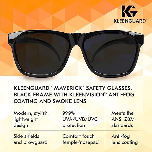 KLEENGUARD™ V30 Maverick™ Safety Glasses (56569), Smoke Lenses with KleenVision™ Anti-Fog coating, Black Frame, Carrying Case, Unisex Sunglasses for Men and Women