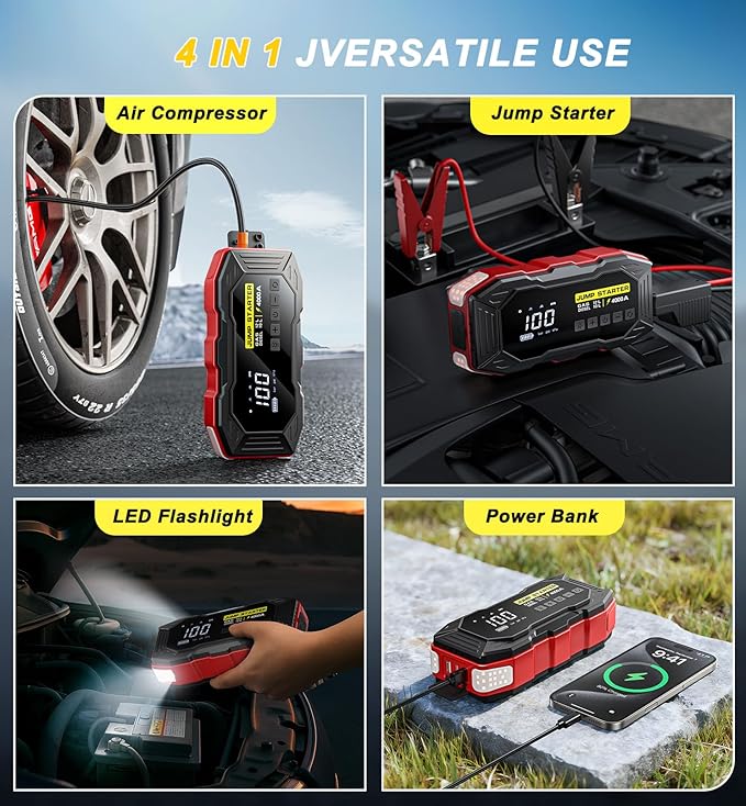 Jump Starter with Air Compressor, Portable Car Battery Jump Starter(12 Gas/10L Diesel), 4000A Peak 160PSI 12V Automobile Jump Box Pack Chargers with Jumper Cables, 4-Mode LED Lights, LCD Display