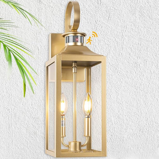 20" Gold Motion Sensor Outdoor Light, Large Dusk to Dawn Outdoor Lighting Fixture, Farmhouse Wall Mounted Porch Lamp, Waterproof Sconce Light for Outside Patio, 3 Modes/2-Light/1-Pack
