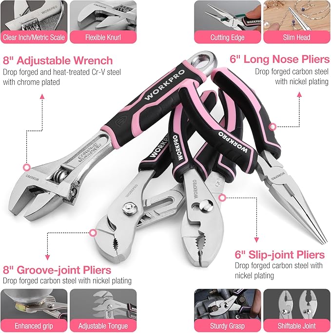 WORKPRO Pink Tool Set, 277 PCS Home Repairing Tool Kit, Pink Tool Bag with 13-Inch Wide Mouth Open Storage Bag, Portable Home Tool Kit Including Hammer, Screwdriver, and Household Tools - Pink Ribbon