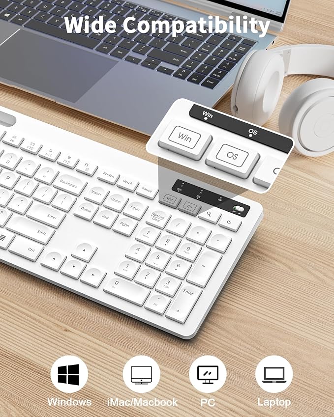 seenda White Wireless Keyboard and Mouse for Mac, USB A & Type C Receiver, Full-Size Wireless Keyboard with Phone Holder Compatible for MacBook/Air/Pro Windows Computer/Desktop/Laptop