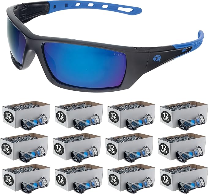 Veratti Spectrum Safety Glasses, Polarized Blue Mirror Lens, ANSI Z87.1 Certified, Anti-Fog, Black/Blue Frame