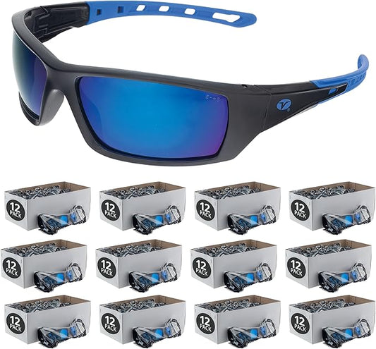 Veratti Spectrum Safety Glasses, Polarized Blue Mirror Lens, ANSI Z87.1 Certified, Anti-Fog, Black/Blue Frame