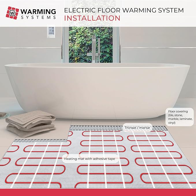 10 Sqft 120V Electric Radiant Floor Heating Mat – Includes Heating Mat, Programmable Thermostat, 2 Floor Sensors, Installation Monitor and Under Tile Heater
