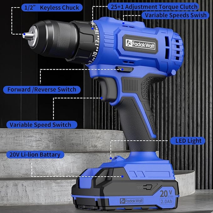 20V Cordless Drill/Driver Set,Electric Power Drill Kit with Battery& Charger, 1/2inch Keyless Chuck,2 Variable Speed,25+1 Torque Setting, 400 inch-lbs with LED Power Drill Kit