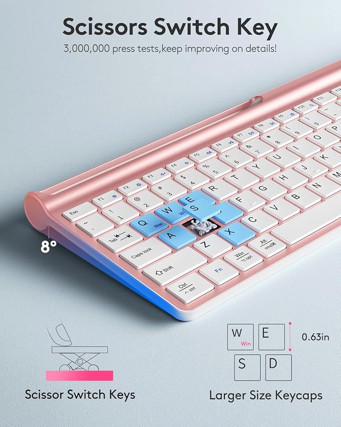 Wireless Keyboard and Mouse Combo - Samsers Ultra Slim Rechargeable Dual-Mode (Bluetooth 5.0x2 +2.4G) Silent Keyboard and Mouse Set, Multi-Device Full-Size Design for MacOS/iOS/Android/Windows - Pink