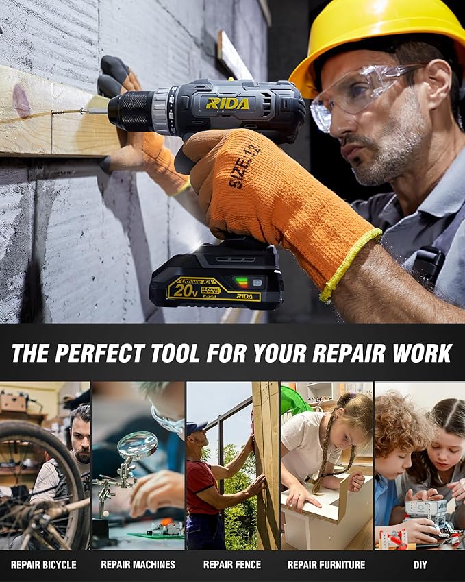 RIDA Cordless Drill Power Drill Cordless 20V 1/2'' Keyless Metal Chuck 355 In-lb(40N.m) Torque with 2.0AH Li-ion Battery & Fast Charger, Variable Speed, 25+1 Position and 22pcs Bits