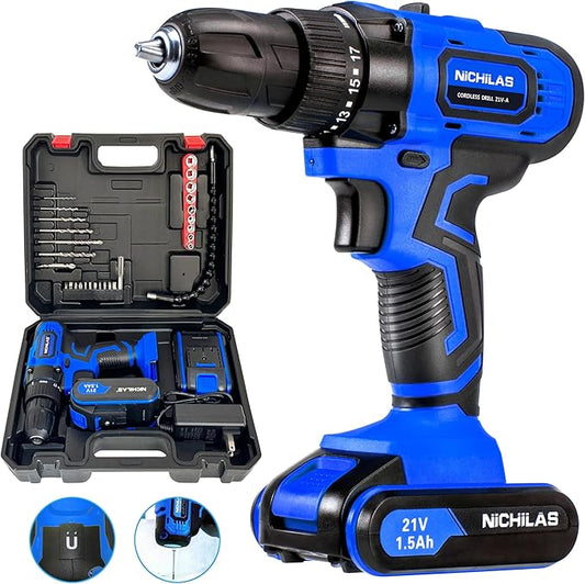 Cordless Drill, 21V Power Screwdriver 2 Variable Speed 3/8” Keyless Chuck, 2 X 1500mAh Batteries and Charger for assembling, repairing and DIY