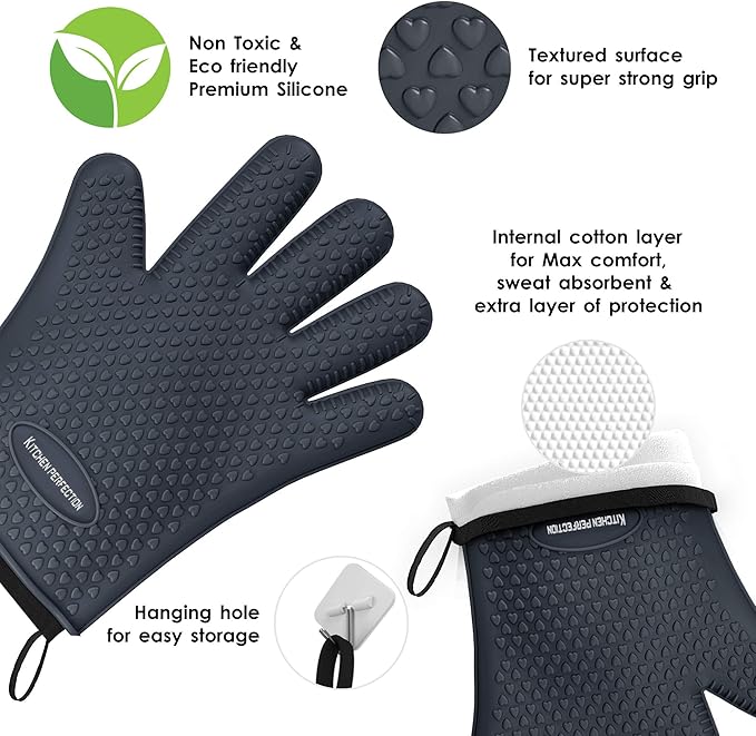 KITCHEN PERFECTION S Silicone Smoker Oven Gloves -Extreme Heat Resistant BBQ Gloves -Handle Hot Food Right on Your Grill Fryer Pit|Waterproof Oven Mitts |Superior Value Set+3 Bonuses