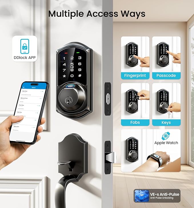 Veise VE07 Fingerprint Smart Door Lock, 7-in-1 Keyless Entry Deadbolt with App Control, Electronic Digital Touchscreen Keypad, Biometric Smart Locks for Front Door, Auto Lock, Matte Black