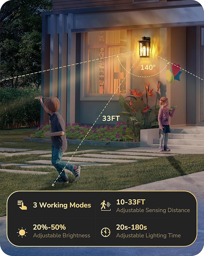 EDISHINE Motion Sensor Outdoor Wall Lights, Dusk to Dawn Exterior Lighting Fixtures, Front Porch Light with Clear Water Ripple Glass, Outdoor Wall Lantern for House, Garage, Black