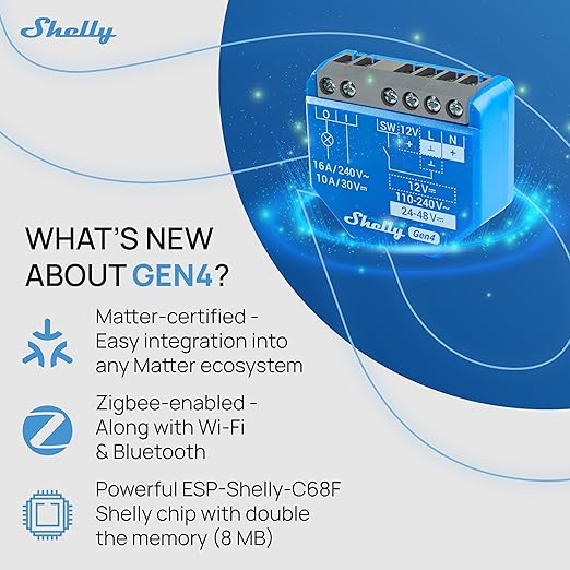 Shelly 1 Gen4 | Wi-Fi, Zigbee & Matter Smart Relay Switch with Dry Contacts, 1-Channel 16A | Home Automation | Alexa, SmartThings, Google Home, Apple HomeKit Compatible | Garage Door Opener