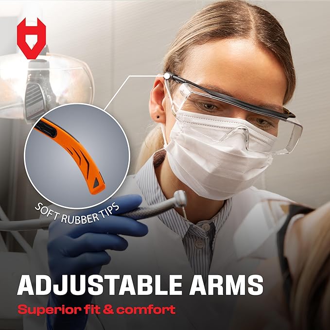 NoCry Safety Glasses That Fit Over Your Prescription Eyewear. Clear Anti-Scratch Wraparound Lenses, UV400 Protection, ANSI Z87 & OSHA Certified. Use in the Lab, Travelling, Black & Orange (10-pack)