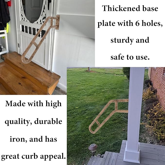 2 Pack Hand Rails for Outdoor 1-3 Steps, 27" Bent Wall Mount Handrail, Antique Metal Stair Handrails, Grab Bars with 2 Anti-Skid Crossbar for Garage Porch Stairs for Elderly Kids Disabled