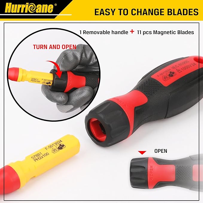 HURRICANE Professional 13 Piece Insulated Electrician Screwdriver Set,1000V Cr-V Magnetic Tip Electrical Tools for Electrician, Slotted, Phillips, Pozidriv, Torx. All-in-1 Industrial & Home Repair Kit