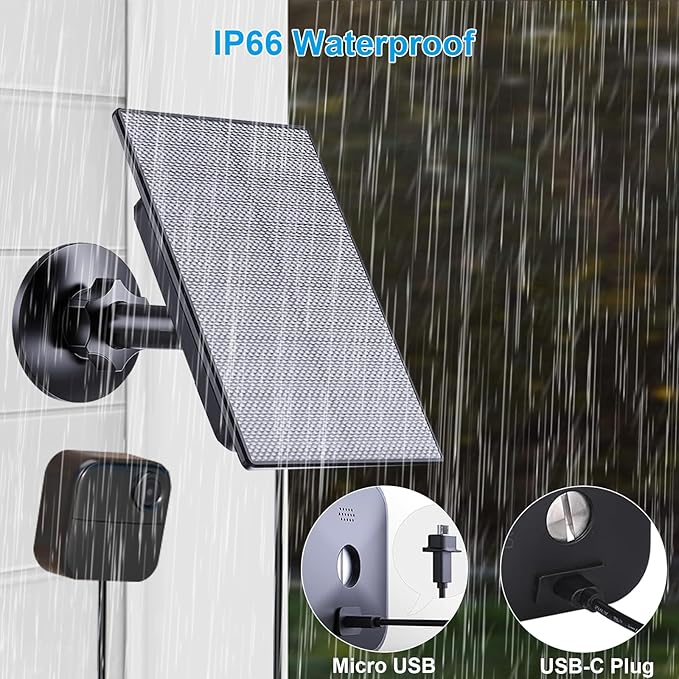 2W Solar Panel Compatible with Blink Outdoor 4(4th Gen)/3rd Gen/XT2/XT Camera, Micro USB & USB-C Solar Charger with10ft Cable, IP66 Waterproof, 360°Adjustable Mount, 2Pack