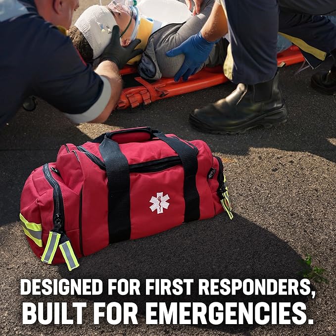 Kemp USA Maxi Trauma Bag - Large First Aid Kit for EMT First Responders - Water Resistant 600D Nylon - Buckle Closure with Adjustable Strap & Reflective Trim - Red