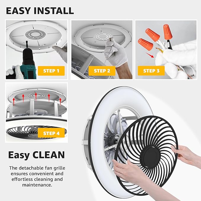 Bladeless Ceiling Fan with Light and Remote Control Low Profile Ceiling Fan 22" Modern Enclosed Multi-Speed Indoor Ceiling Fan 3 Color Temperatures Smart LED Dimmable Lighting (Black)