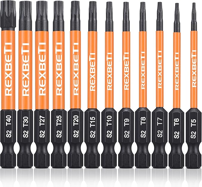 REXBETI 12 Piece Torx Head Screwdriver Bit Set, 1/4 Inch Hex Shank S2 Steel Magnetic 3 Inch Long Drill Bits, T5-T40 (Torx Head)
