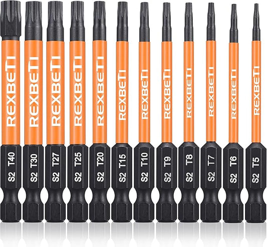 REXBETI 12 Piece Torx Head Screwdriver Bit Set, 1/4 Inch Hex Shank S2 Steel Magnetic 3 Inch Long Drill Bits, T5-T40 (Torx Head)
