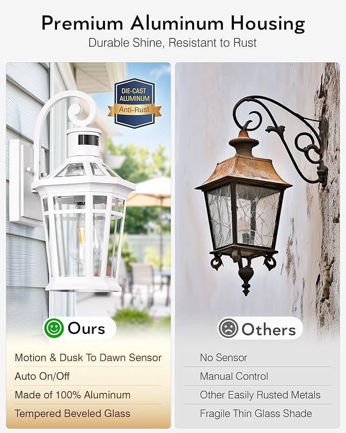 2 Pack Motion Sensor Outdoor Wall Lantern, White Outdoor Garage Lighting Fixtures Wall Mount, Waterproof Front Porch Lights with E26 Base, Exterior Sconce Light with Adjustable Sense Range