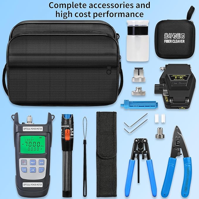 FTTH fiber optic tool kit 8-in-1 fiber optic terminal kit S-6C Optical Fiber Cleaver equipped with VFL15KM fiber optic tool kit Y710A optical power meter -70~+10dbm fiber stripping pliers