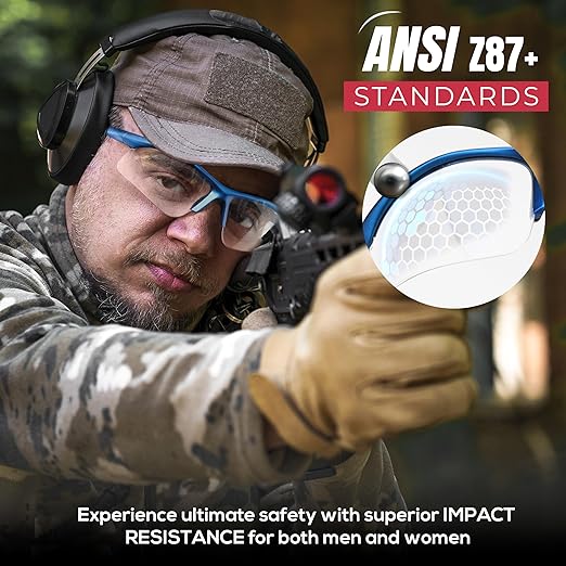 BISON LIFE Sport MTX Clear Safety Glasses with Blue Temple, ANSI Z87+, Impact Resistant, Anti-Scratch UV Protection Lens for Shooting, Yard Work, Cycling, and Outdoor Activities (1 Pack)