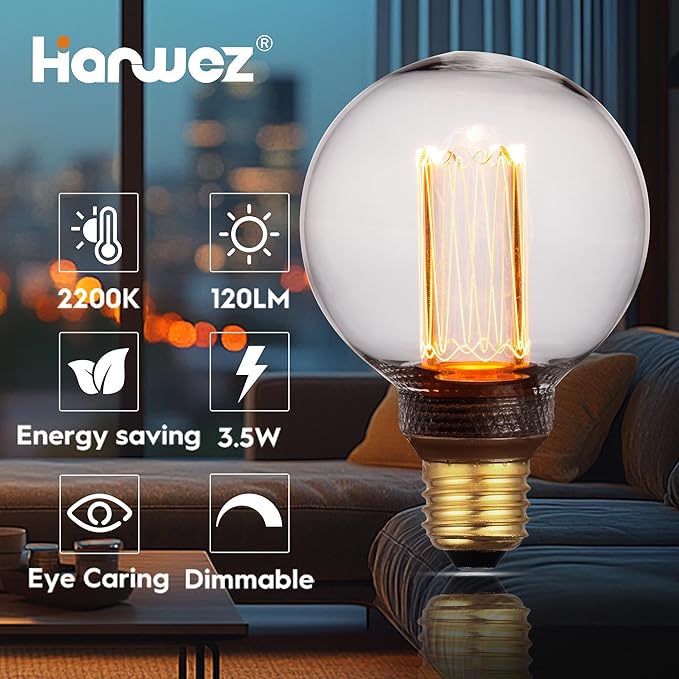 Globe Edison LED Light Bulb, Vintage Decorative Dimmable Bulb, Small Round Glass Cover, 3.5W Low Lumen Eye-Caring Soft Dim Lighting for Mood(Not Daylight White), E26 Medium Base, Clear RN G80