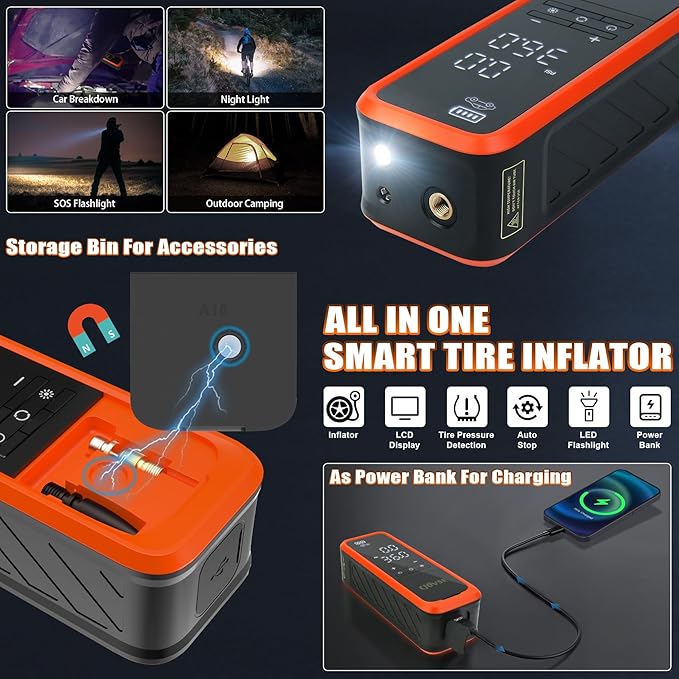 Portable Cordless Tire Inflator, 160PSI Air Pump with Battery & Car Plug, Fast Inflate with LED Light for Car Bike Motorcycle Ball – Compact & Emergency Ready