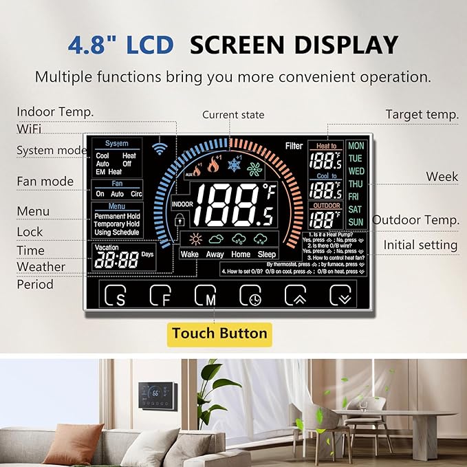BSEED WiFi Smart Thermostat for Home - Touch Screen, Energy Saving, 7-Day Programmable (Holiday Mode), Easy DIY, Works with Siri/Alexa/Google, Black(C-Wire Adapter Included)
