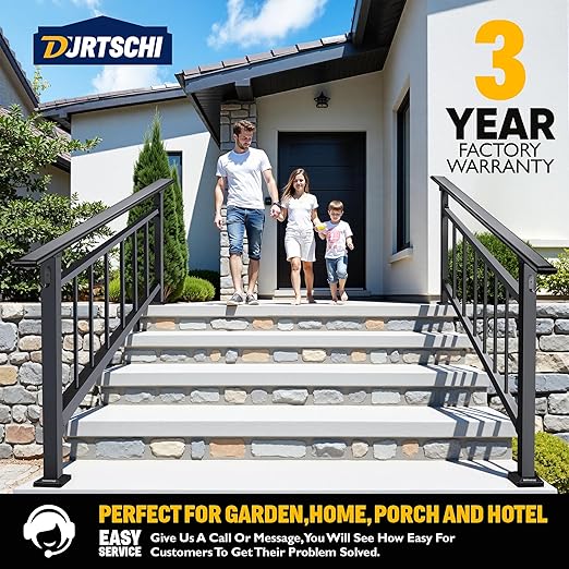 Updated Handrails for Outdoor Steps, 4-5 Steps Wrought Iron Stair Railing with Fence, Flexible Exterior Hand Railing for Concrete or Wooden Stairs, Black Transitional Handrails with Installation Kit