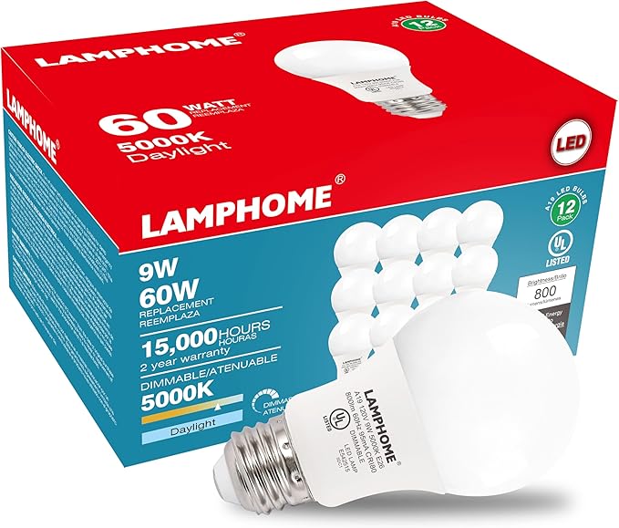 12-Pack Daylight White LED Bulbs - Brighten Your Bedroom & Living Room, 60W Equivalent, 5000K,9W, 15000-Hour Life, E26 Base
