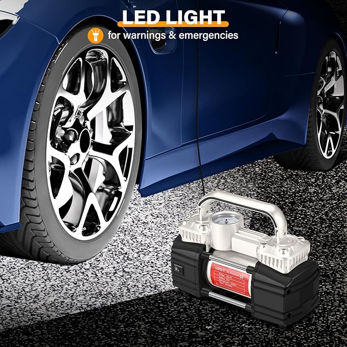 GSPSCN Portable Air Compressor Pump Dual Cylinder Heavy Duty Tire Inflator with LED Light,150 PSI 12V Air Pump with Tire Repair Kit and Toolbox for Auto,SUV,Truck tires etc Silver
