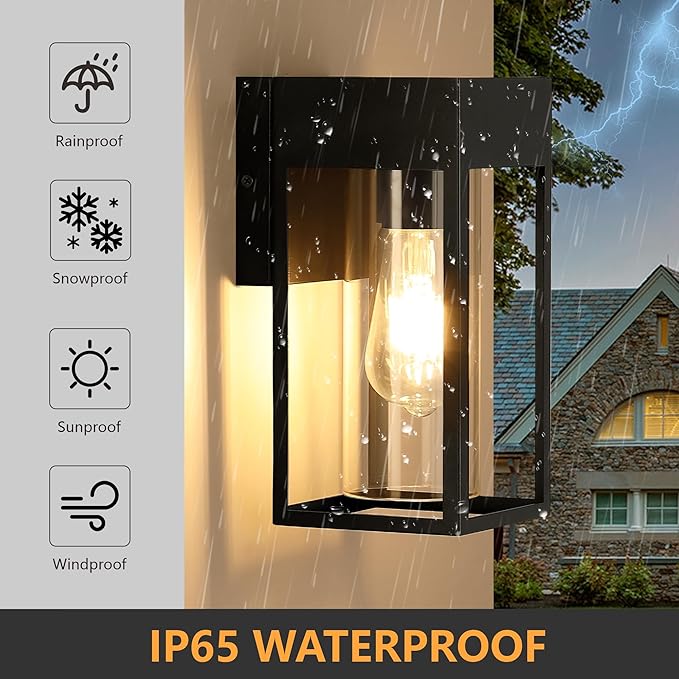 2-Pack Outdoor Wall Light Fixture, Exterior Porch Light with E26 Sockets &Glass Shades, Modern Wall Sconce for House Patio Garage Door