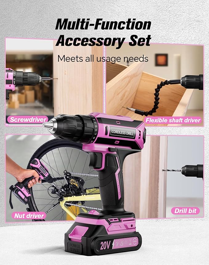 Pink Cordless Drill Set, 20V Max PowerDrill for Women, Lightweight ElectricDrill with Dual Power Pack and Charger, 25 Position and 56 Pcs Accessoires, Womens Drill Tools Kit for House