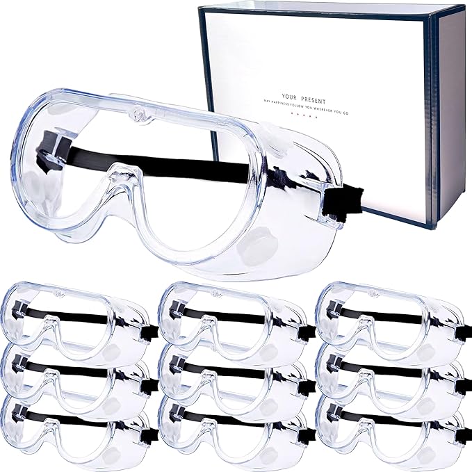 10 Pack Safety Goggles Anti-Fog Protective Adjustable Goggles Over Glasses Splash Eye Protection Adjustable For Lab Construction Worker Onion Cutting Clear Lens Eyewear Black