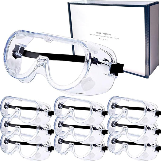 10 Pack Safety Goggles Anti-Fog Protective Adjustable Goggles Over Glasses Splash Eye Protection Adjustable For Lab Construction Worker Onion Cutting Clear Lens Eyewear Black